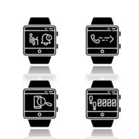 Fitness tracker functions drop shadow black glyph icons set vector