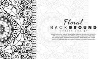 fondo con flores mehndi. líneas negras sobre fondo blanco. banner o plantilla de tarjeta vector