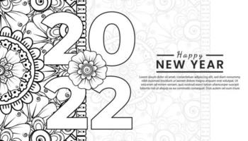 feliz año nuevo 2022 banner o plantilla de tarjeta con flor mehndi vector