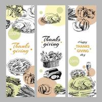 A set of vector hand-drawn banners for Thanksgiving. An illustration in a vintage sketch style. Retro food background.