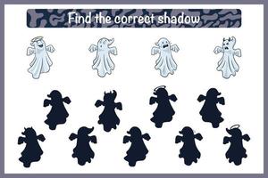 Encuentra el juego educativo correcto de sombras espeluznantes para niños. actividad de combinación de sombras para niños con fantasmas. rompecabezas preescolar. hoja de trabajo educativa. encuentra el juego de silueta correcto vector