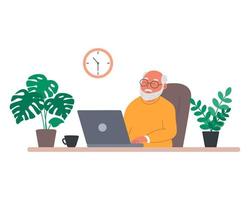 lindo abuelo feliz con laptop se comunica con su familia en casa, mira videos, estudia cursos en línea o hace compras. ilustración vectorial en estilo plano vector