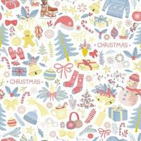 Vector seamless pattern with colorful illustrations of Christmas items. Use it for textile print, pattern fills, web page, wrapping paper, design of presentation and other graphic design