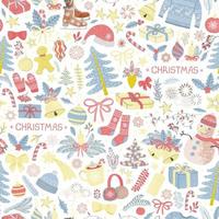 Vector seamless pattern with colorful illustrations of Christmas items. Use it for textile print, pattern fills, web page, wrapping paper, design of presentation and other graphic design