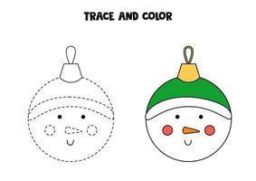 Trace and color cartoon Christmas ball. Worksheet for kids. vector
