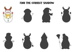 Find the correct shadow of cute cartoon snowman. Logical puzzle for kids. vector