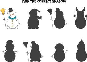 Encuentra la sombra correcta del muñeco de nieve de dibujos animados lindo. rompecabezas lógico para niños. vector