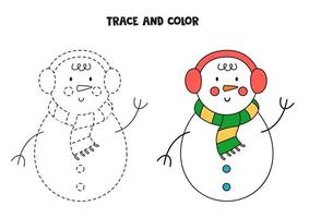 Trace and color cartoon Christmas snowman. Worksheet for kids. vector