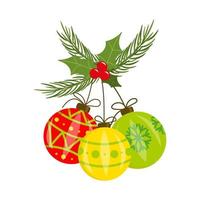 árbol de navidad multicolor juega bolas en rama de abeto y muérdago. adorno de año nuevo aislado sobre fondo blanco. ilustración vectorial. vector