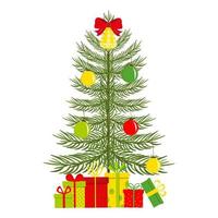 Christmas tree with ornaments and gift box. New Year decoration isolated on white background. Flat vector illustration.