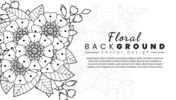 fondo con flores mehndi. líneas negras sobre fondo blanco. banner o plantilla de tarjeta vector