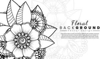 fondo con flores mehndi. líneas negras sobre fondo blanco. banner o plantilla de tarjeta vector