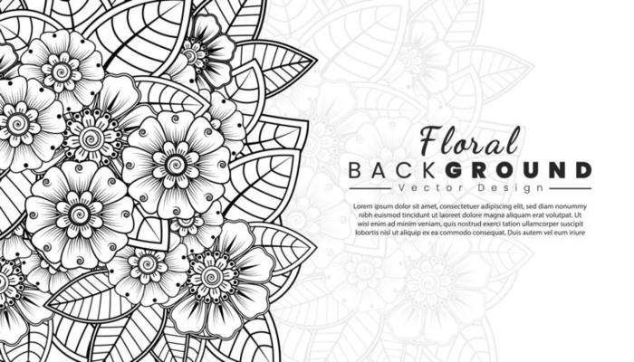 Background with mehndi flowers. Black lines on white background. Banner or card template