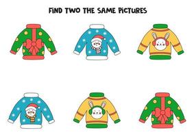 Find two the same Christmas sweaters. Educational logical game for kids.