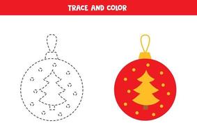 Trace and color cartoon Christmas ball. Worksheet for kids. vector