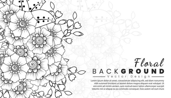 Background with mehndi flowers. Black lines on white background. Banner or card template
