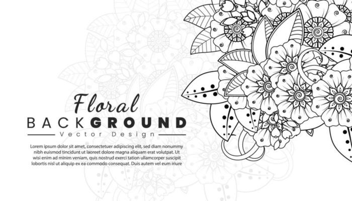 Background with mehndi flowers. Black lines on white background. Banner or card template