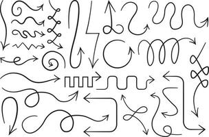 Vector black curved arrows set. Collection of flat swirl arrows. Outline arrow illustrations, with swirled and twirled linear designed pointers and cursors isolated on white background.