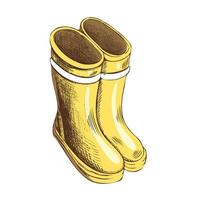 Rubber boots hand-drawn vector illustration. Autumn waterproof  boots. Classic waterproof shoes. A design sketch element  on a white background. Drawing with an ink pen.
