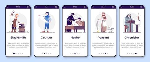 Plantilla de vector de pantalla de página de aplicación móvil de incorporación de grupos sociales medievales