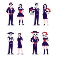 People wearing sugar scull face and costumes flat vector illustrations set