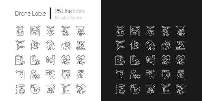 iconos de etiquetas manuales lineales de uso de drones configurados para modo oscuro y claro vector