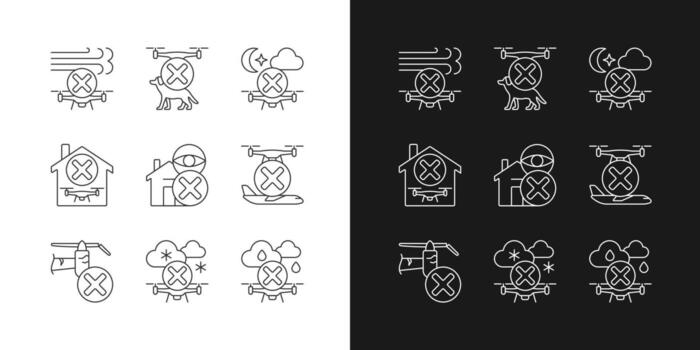 Restricciones de drones iconos de etiquetas manuales lineales configurados para modo oscuro y claro vector