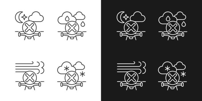Iconos de etiquetas manuales lineales de operación segura de drones configurados para modo oscuro y claro vector