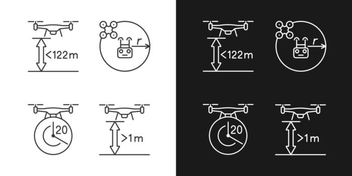 Drone control adecuado iconos de etiquetas manuales lineales configurados para modo oscuro y claro vector
