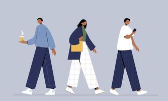 Walking people. Business men and women walk side profiles, people in seasonal and office clothes. Young and elderly moving stylish characters. Walkers isolated vector illustration icons set