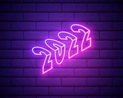 2022 neon signboard. Happy New Year. Realistic pink neon numbers on dark brick wall. Vector 2022 in neon linear style.