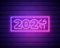 2022 neon signboard. Happy New Year. Realistic pink neon numbers on dark brick wall. Vector 2022 in neon linear style.