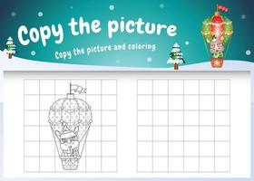 Copie la imagen del juego para niños y la página para colorear con un lindo rinoceronte en un globo aerostático vector