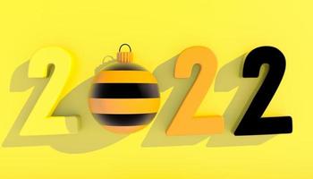 feliz año nuevo 2022. números 3d con formas geométricas y bola de navidad. Render 3d