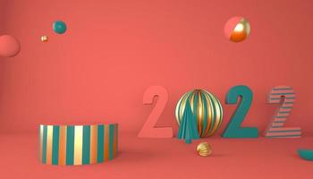 feliz año nuevo 2022. números 3d con formas geométricas y bola de navidad. Render 3d foto