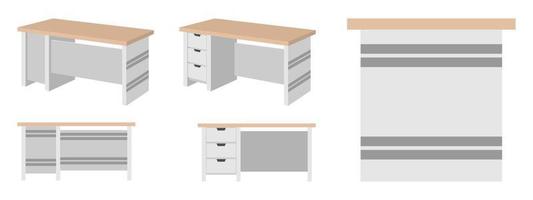 hermosa y linda mesa de oficina en casa moderna para autónomos con diferentes poses y posiciones con cajón aislado vector