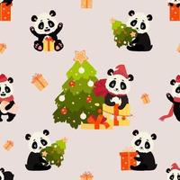 navidad, seamless, patrón, con, pandas vector