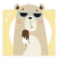 Retrato de lindo oso con gafas de sol comiendo helado de chocolate sobre fondo brillante decorativo vector