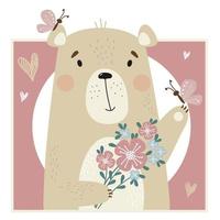 Retrato de lindo oso con ramo de flores y mariposas sobre un fondo brillante decorativo vector