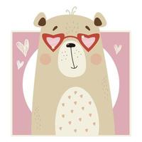 Retrato de lindo oso en vasos con corazones sobre fondo brillante decorativo vector