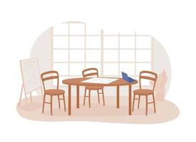 sala de reuniones 2d vector ilustración aislada. Mesa con sillas para equipo corporativo. espacio de taller. Sala de conferencias de inicio plano interior sobre fondo de dibujos animados. oficina colorida escena