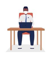 Worker with face mask semi flat color vector character. Sitting figure. Full body person on white. After covid isolated modern cartoon style illustration for graphic design and animation