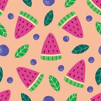 Seamless pattern of hand drawn watermelon slices, blueberries and leaves. Modern flat illustration on peach background for print design. vector