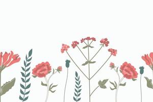 Hand drawn horizontal seamless pattern of flowers and grass on white background. vector