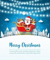 feliz navidad y próspero año nuevo, postal navideña de santa claus con trineo en el pueblo, estilo de arte en papel vector