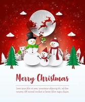 Merry Christmas and Happy New Year, Christmas postcard of Snowman in the village, Paper art style vector