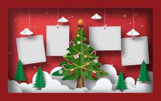 Fondo de banner de postal de Navidad, foto en blanco con árbol de Navidad en marco vector