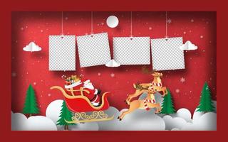 Arte de papel de origami de foto en blanco con santa claus en un trineo en el marco, fondo de banner de postal vector