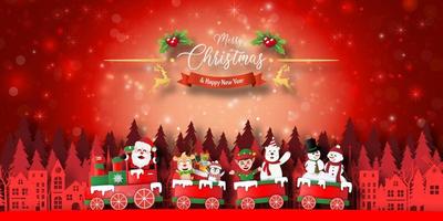 Merry Christmas and Happy New Year, Background banner of Santa Claus and friend on a train in town vector