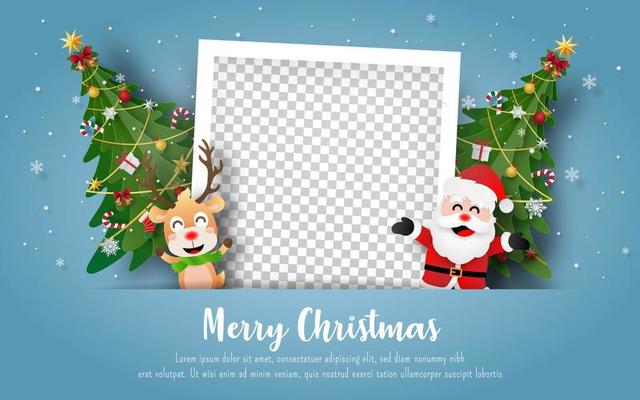 Christmas postcard with Santa and reindeer with blank photo frame